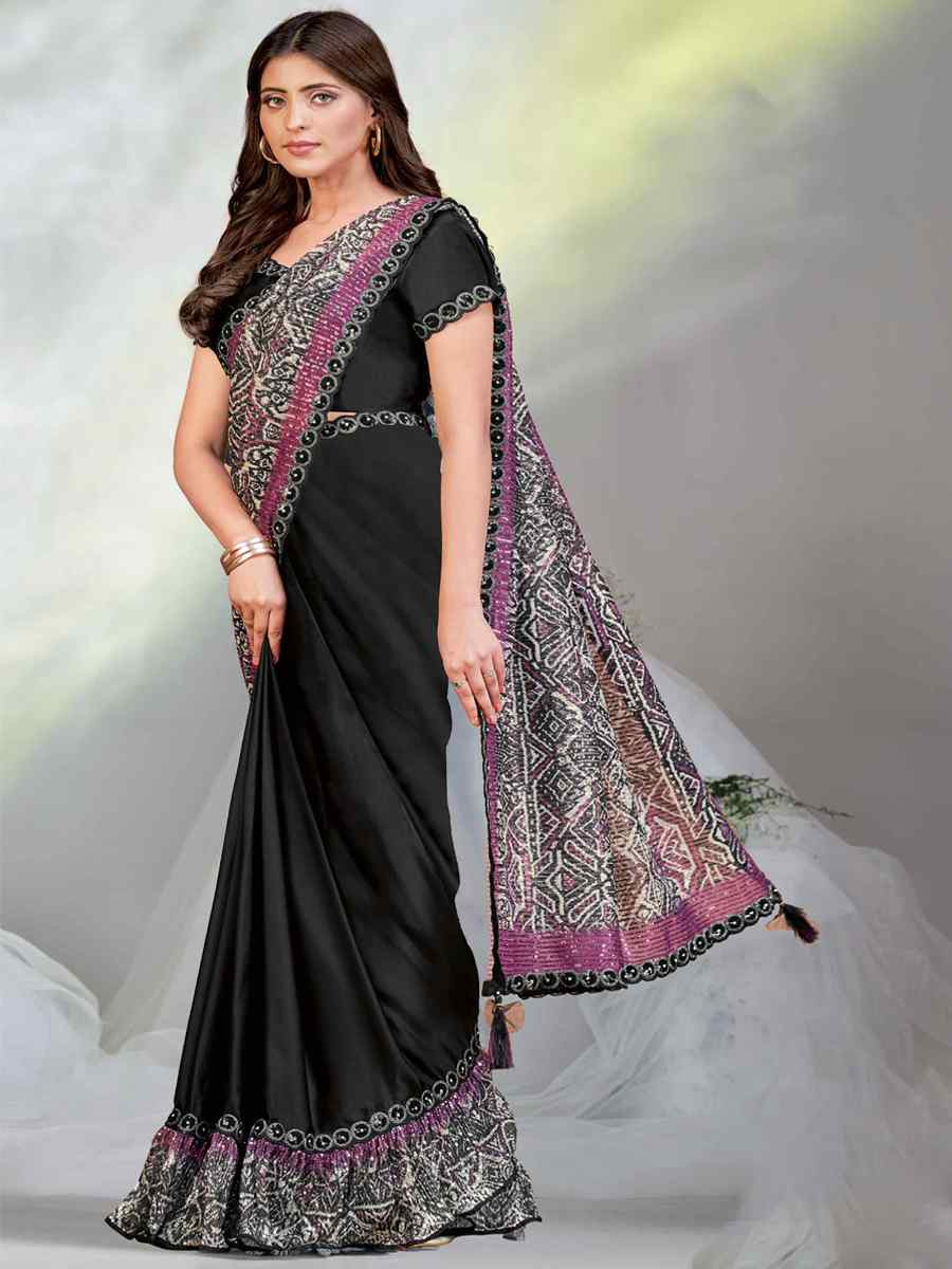 Black Crepe Satin Silk Embroidered Reception Wedding Heavy Border Saree