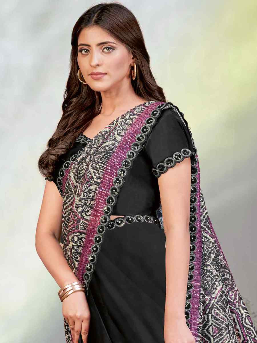 Black Crepe Satin Silk Embroidered Reception Wedding Heavy Border Saree