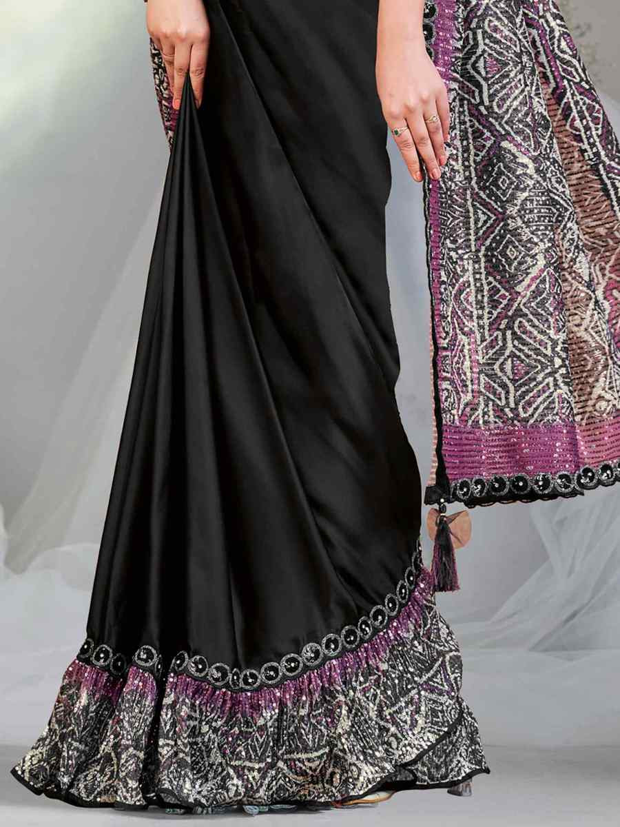 Black Crepe Satin Silk Embroidered Reception Wedding Heavy Border Saree