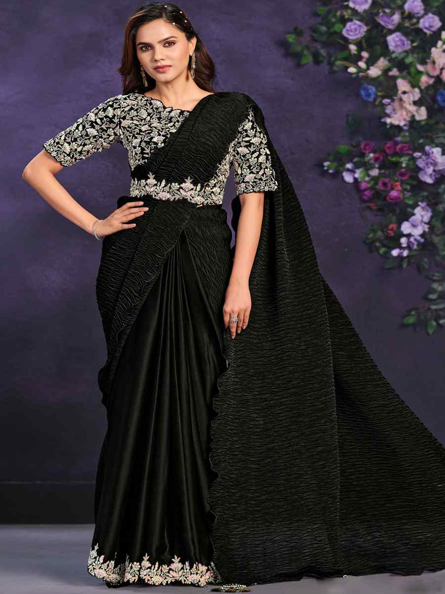 Black Crepe Satin Silk Embroidered Wedding Party Heavy Border Saree