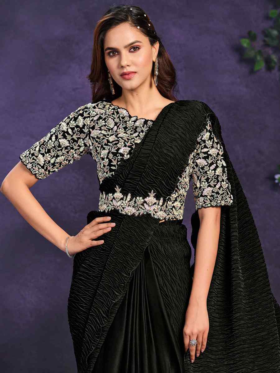 Black Crepe Satin Silk Embroidered Wedding Party Heavy Border Saree