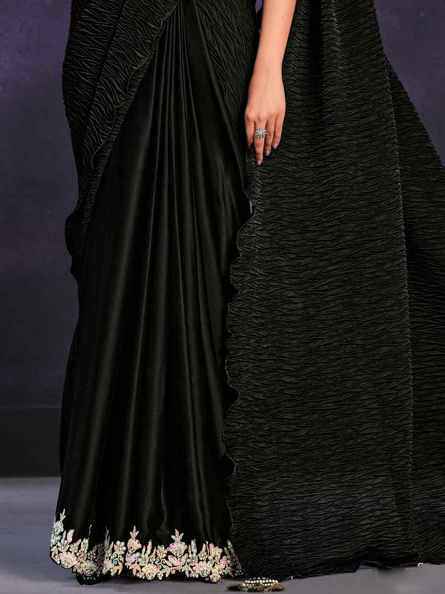 Black Crepe Satin Silk Embroidered Wedding Party Heavy Border Saree