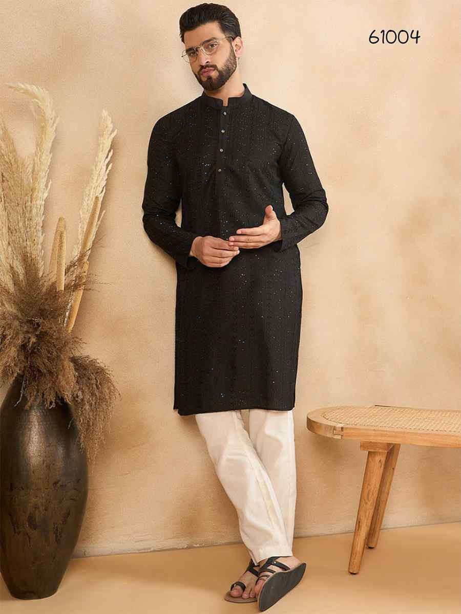 Black Designer Liva Silk Embroidered Festival Casual Kurta