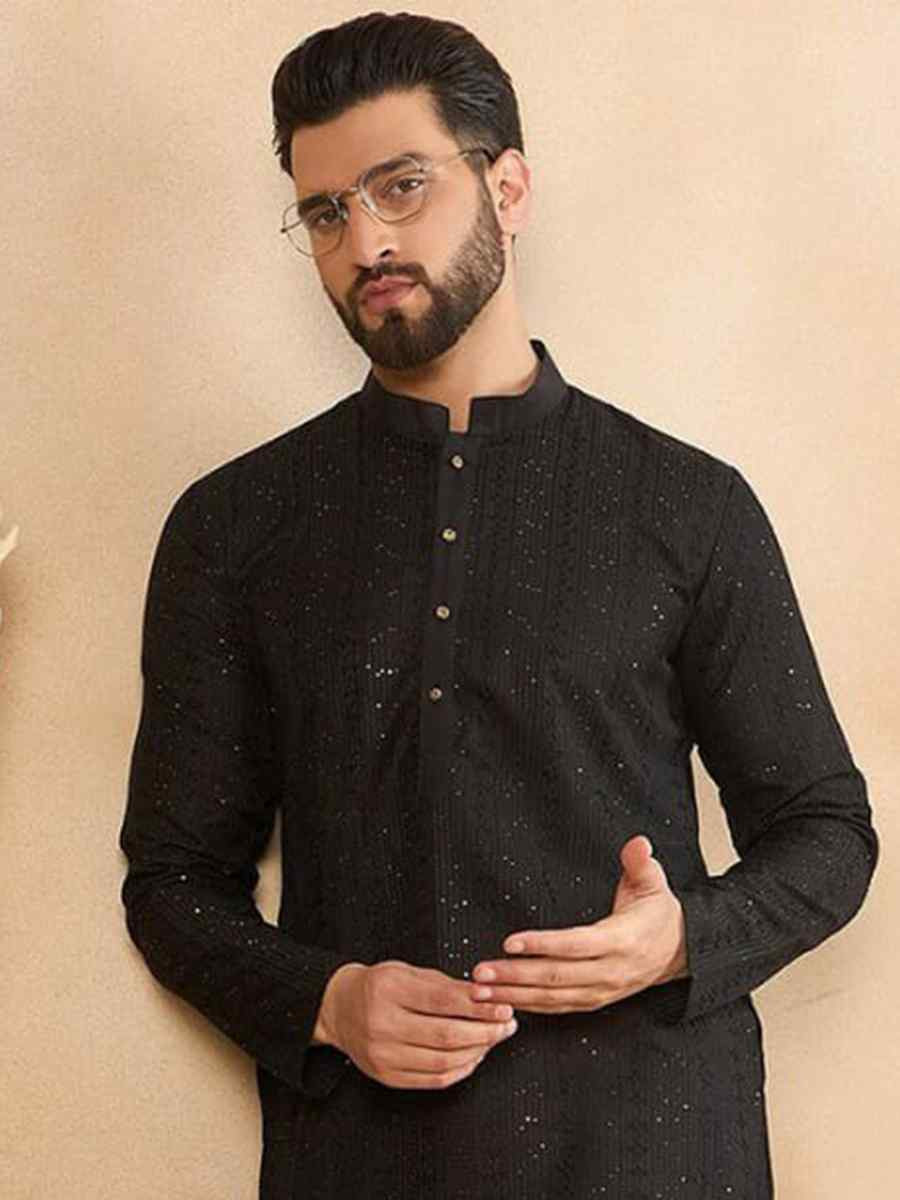 Black Designer Liva Silk Embroidered Festival Casual Kurta