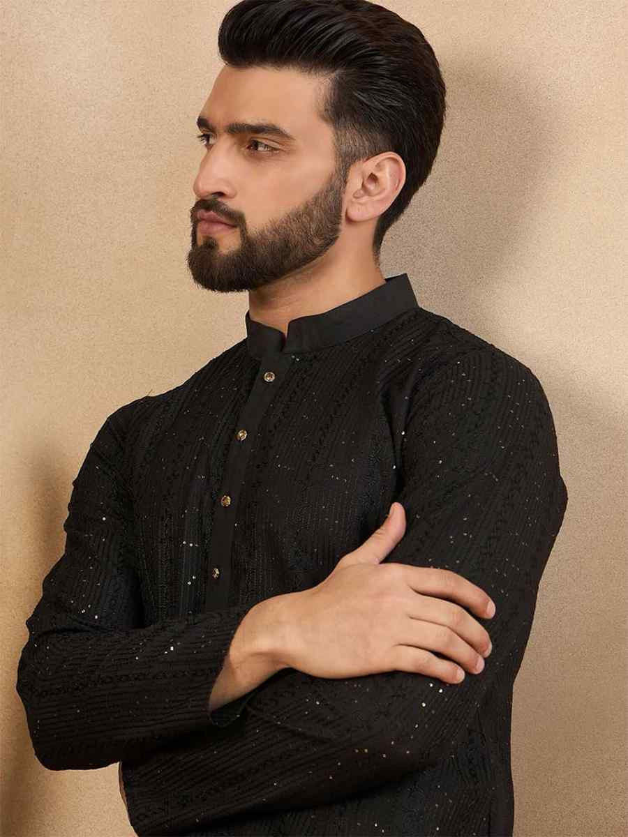 Black Designer Liva Silk Embroidered Festival Casual Kurta