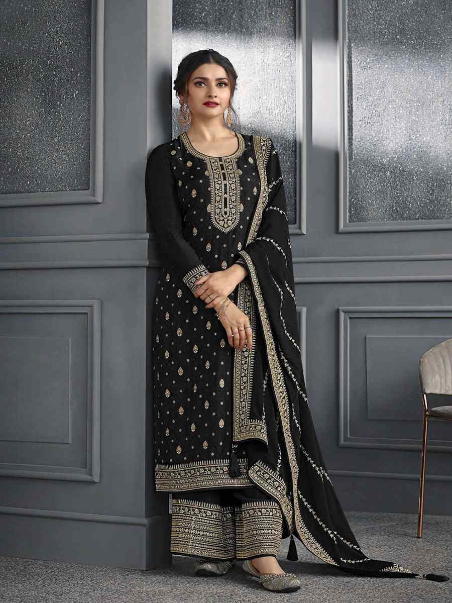 Black Dola Jacquard Silk Embroidered Festival Wedding Palazzo Pant Salwar Kameez