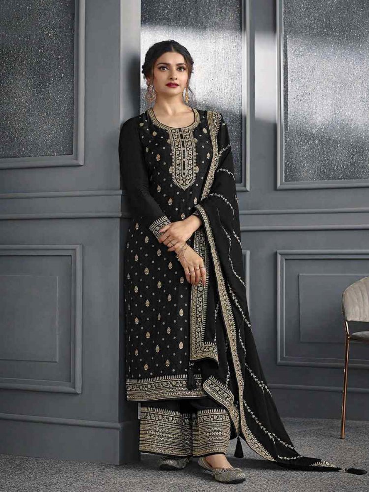 Black Dola Jacquard Silk Embroidered Festival Wedding Palazzo Pant Salwar Kameez