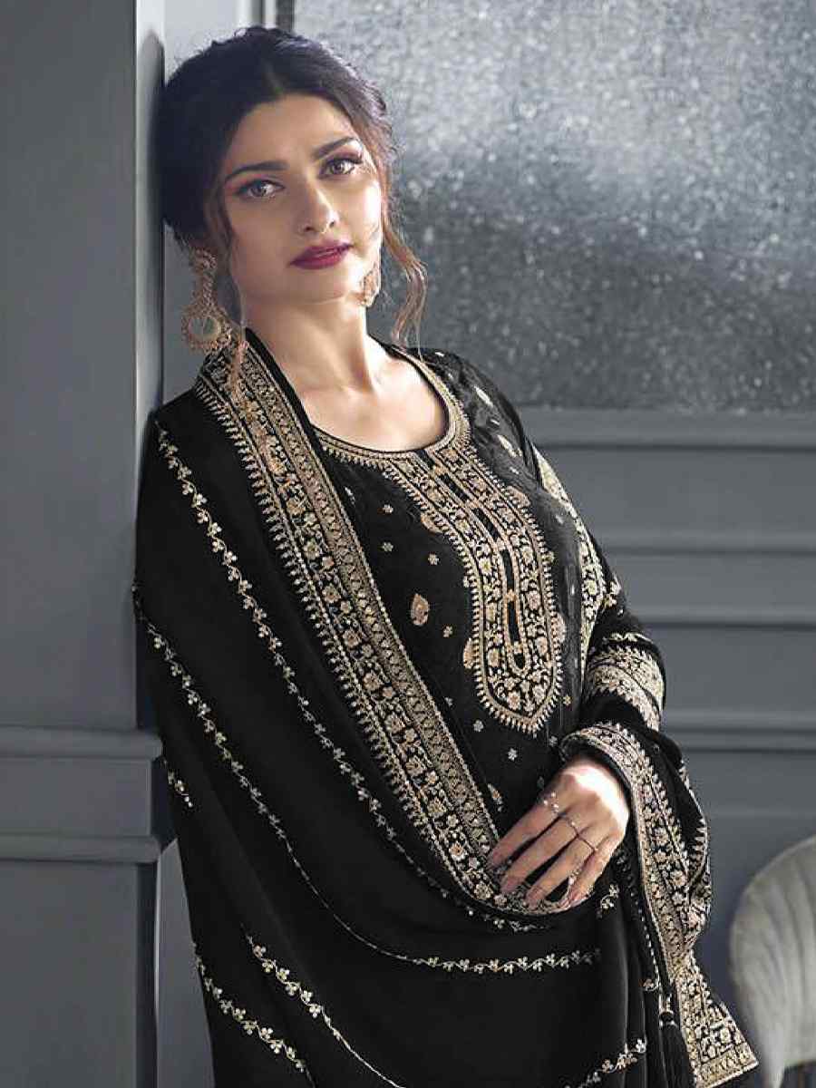 Black Dola Jacquard Silk Embroidered Festival Wedding Palazzo Pant Salwar Kameez