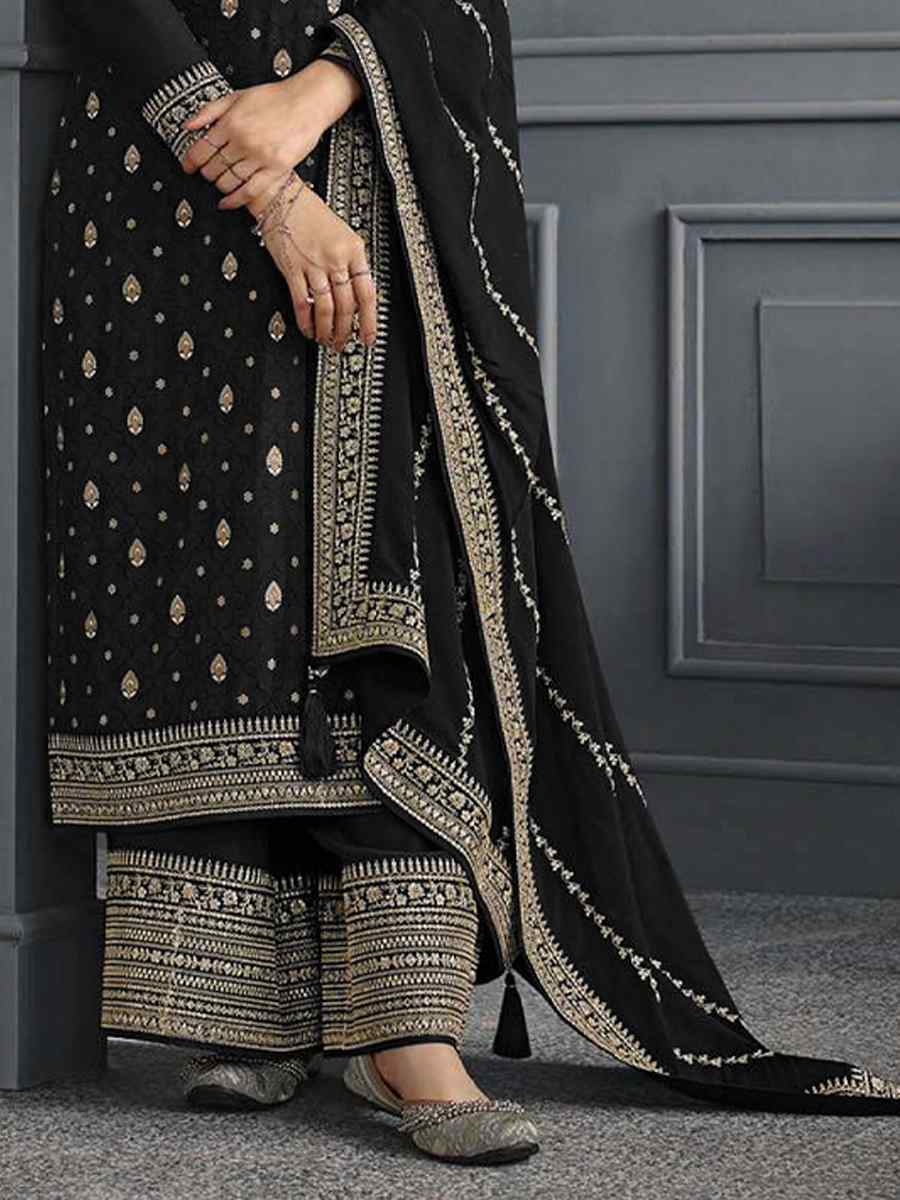 Black Dola Jacquard Silk Embroidered Festival Wedding Palazzo Pant Salwar Kameez