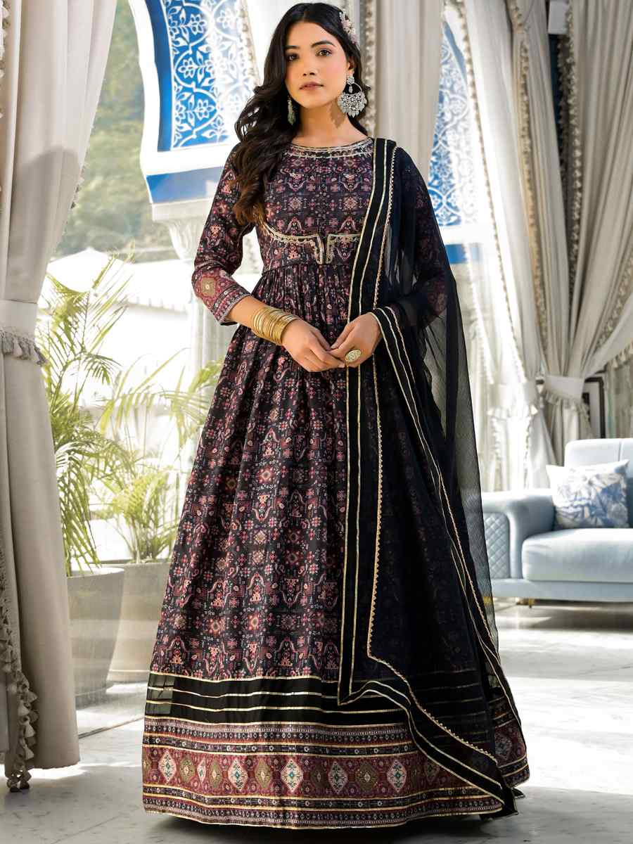 Black Dola Silk Embroidered Festival Casual Gown