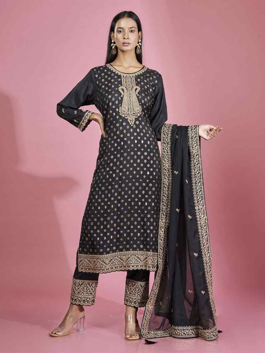 Black Dola Silk Embroidered Festival Casual Ready Pant Salwar Kameez