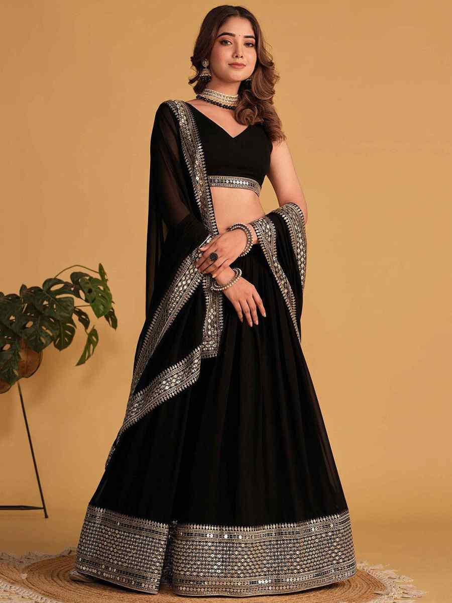 Black Faux Blooming  Embroidered Reception Party Wear Heavy Border Lehenga Choli