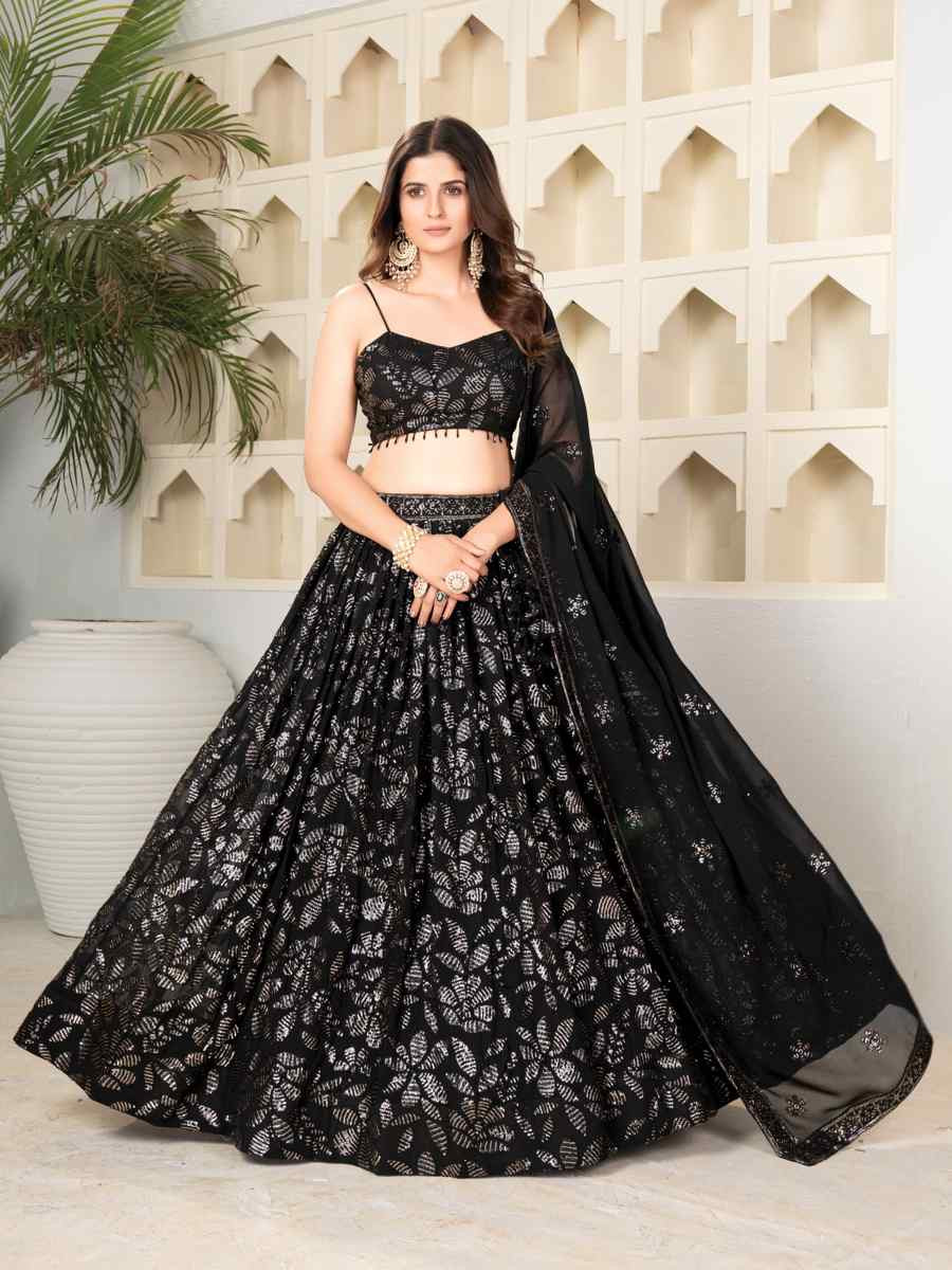 Black Faux Blooming  Embroidered Reception Party Wear Heavy Border Lehenga Choli