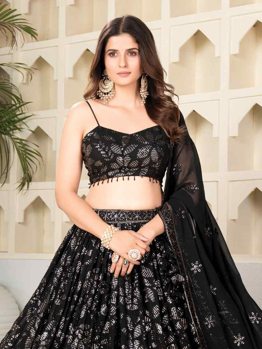 Black Faux Blooming  Embroidered Reception Party Wear Heavy Border Lehenga Choli