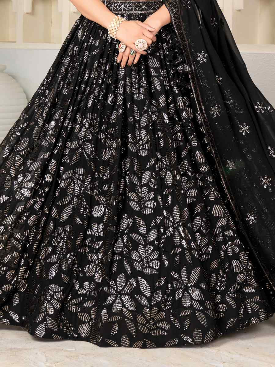 Black Faux Blooming  Embroidered Reception Party Wear Heavy Border Lehenga Choli