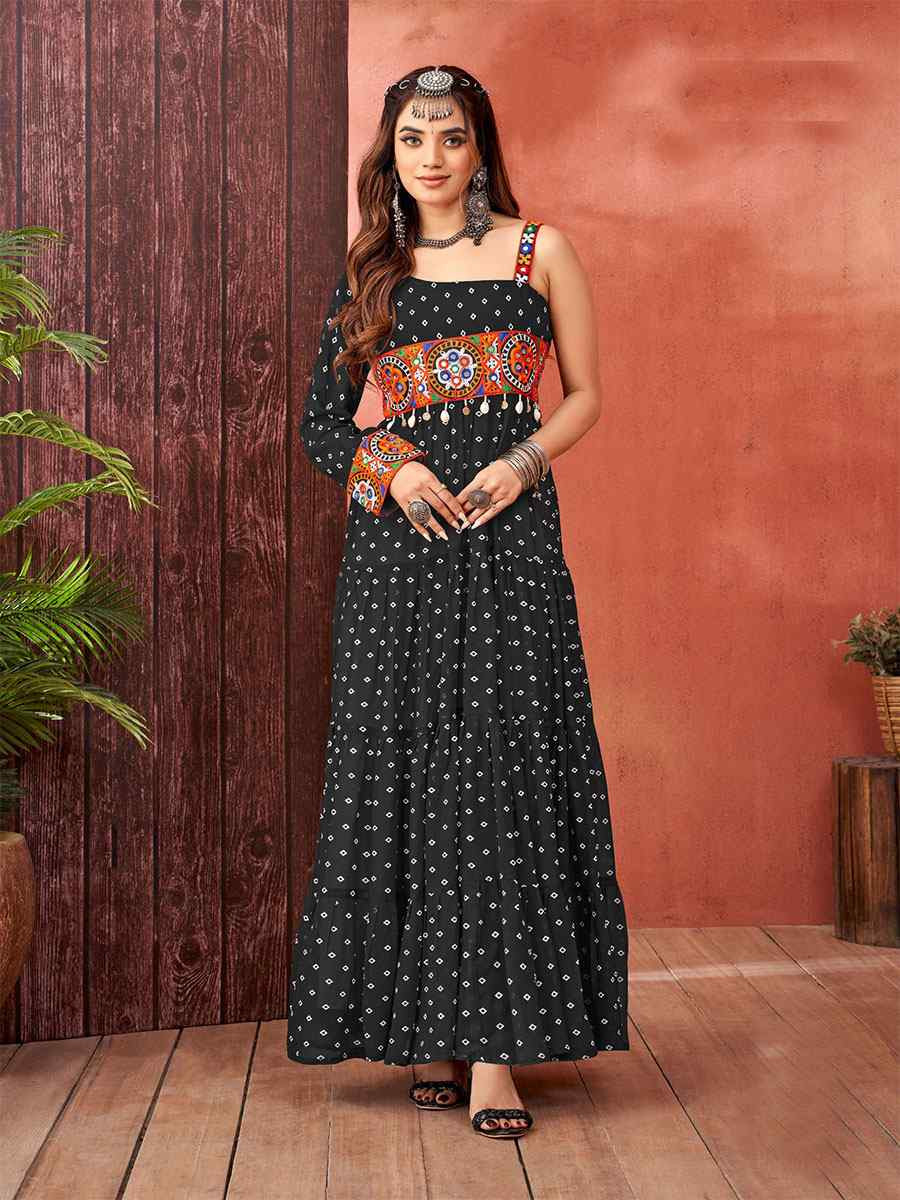 Black Faux Blooming Georgette Printed Festival Casual Gown