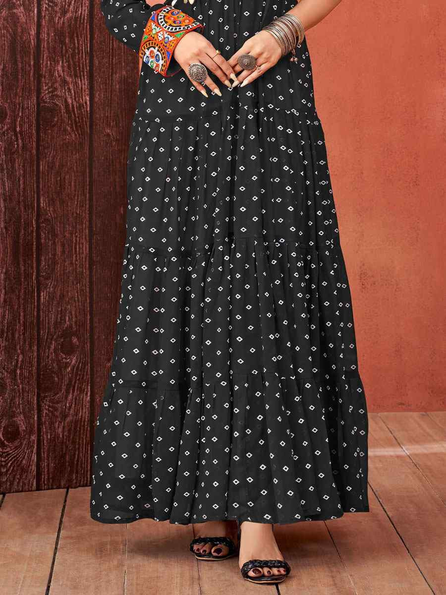 Black Faux Blooming Georgette Printed Festival Casual Gown