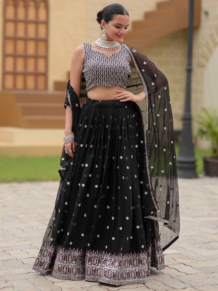 Black Faux Georgette Embroidered Bridesmaid Wedding Heavy Border Lehenga Choli