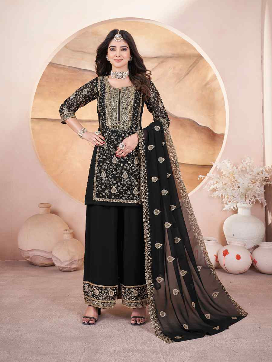 Black Faux Georgette Embroidered Festival Casual Palazzo Pant Salwar Kameez