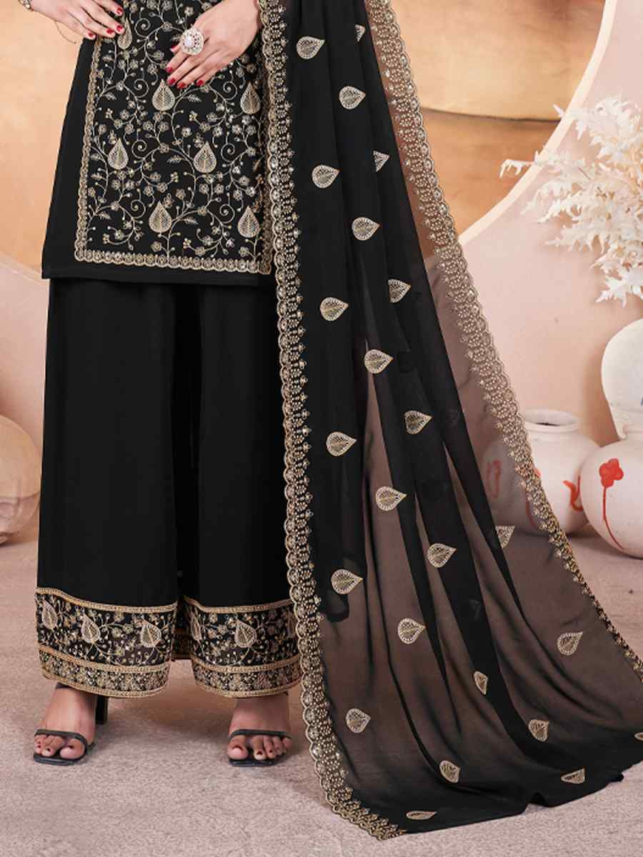 Black Faux Georgette Embroidered Festival Casual Palazzo Pant Salwar Kameez