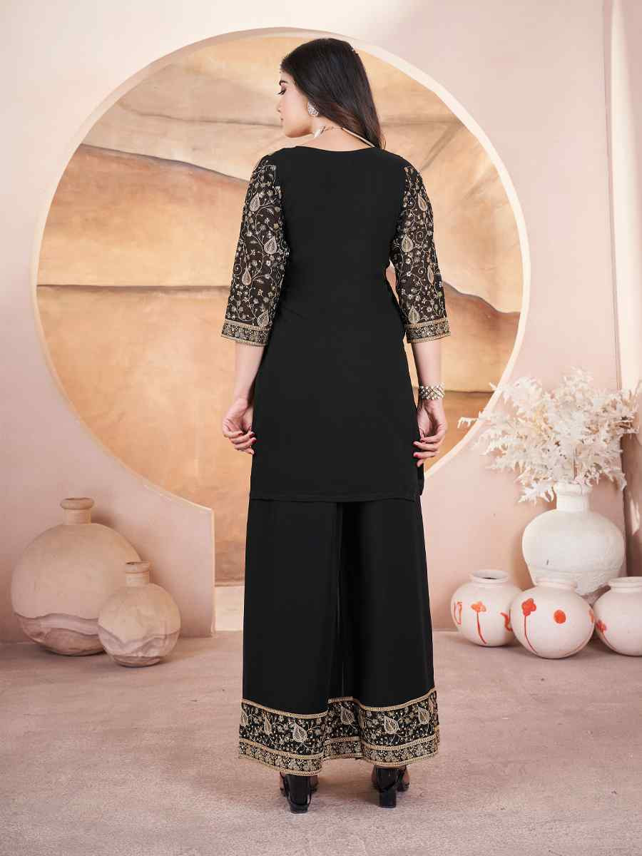 Black Faux Georgette Embroidered Festival Casual Palazzo Pant Salwar Kameez