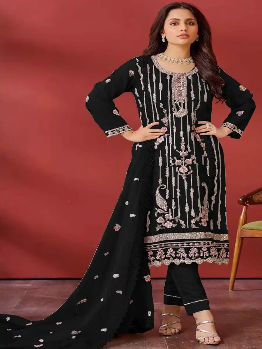 Black Faux Georgette Embroidered Festival Casual Pant Salwar Kameez