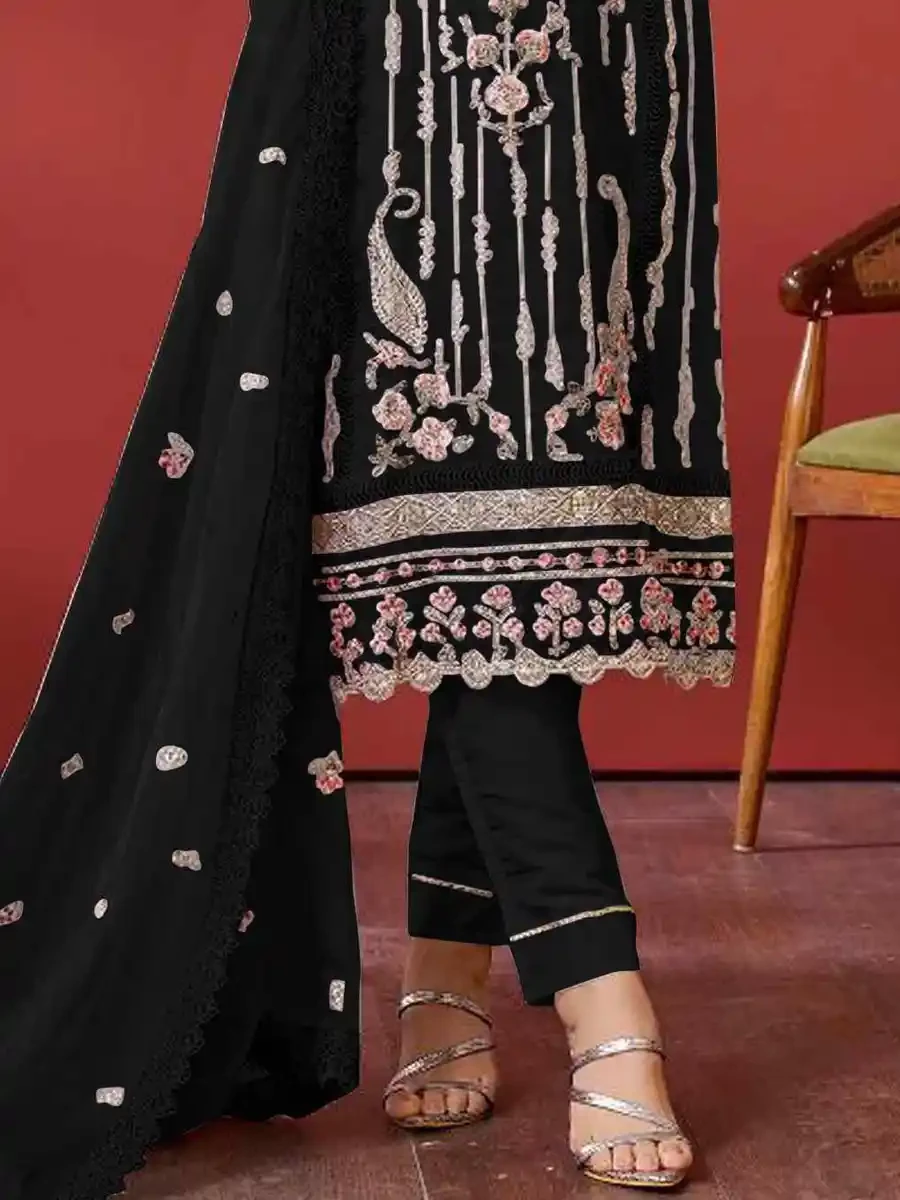 Black Faux Georgette Embroidered Festival Casual Pant Salwar Kameez