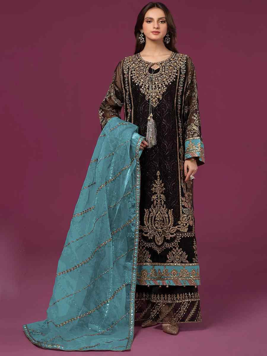 Black Faux Georgette Embroidered Festival Wedding Palazzo Pant Salwar Kameez