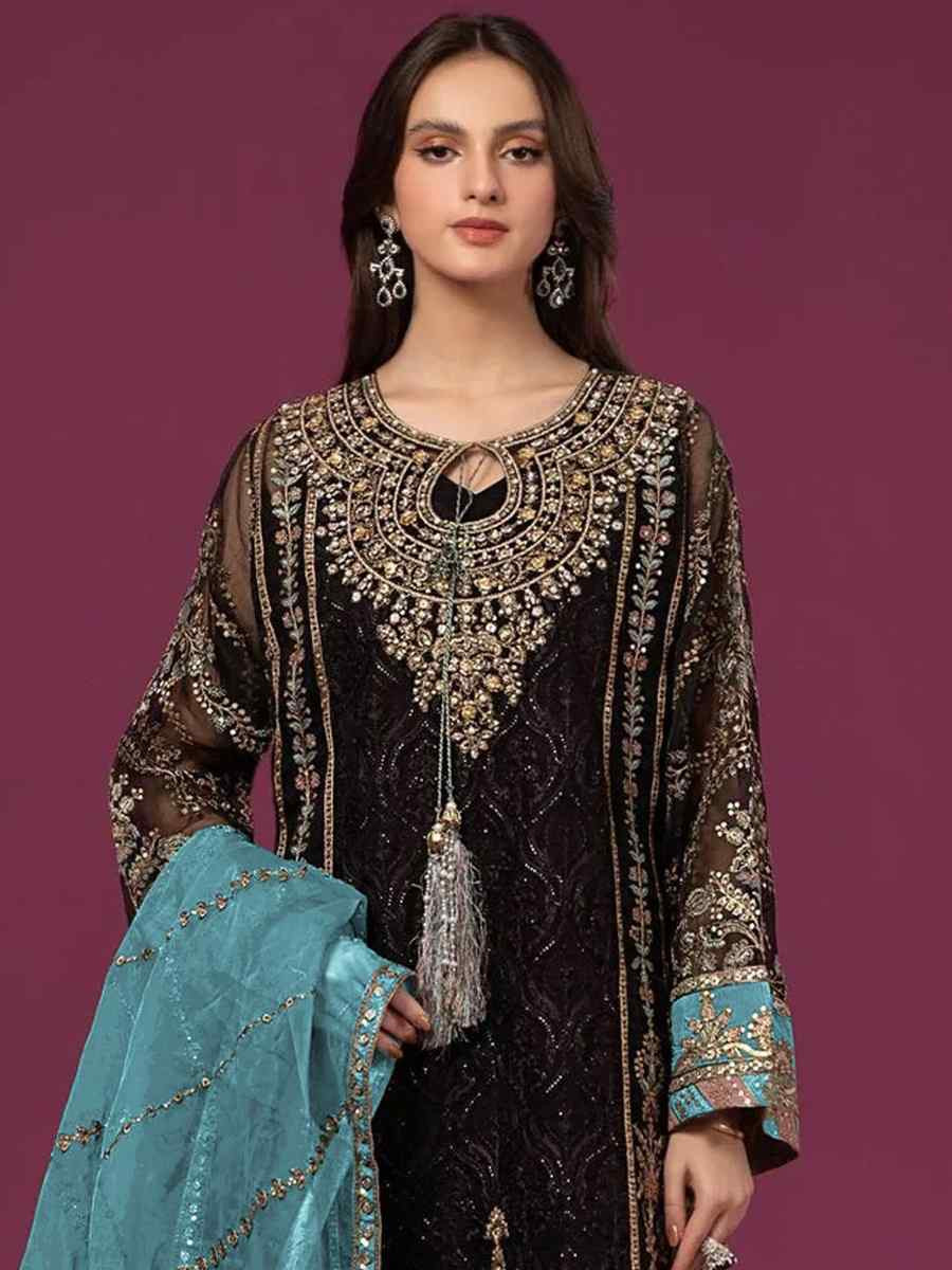 Black Faux Georgette Embroidered Festival Wedding Palazzo Pant Salwar Kameez