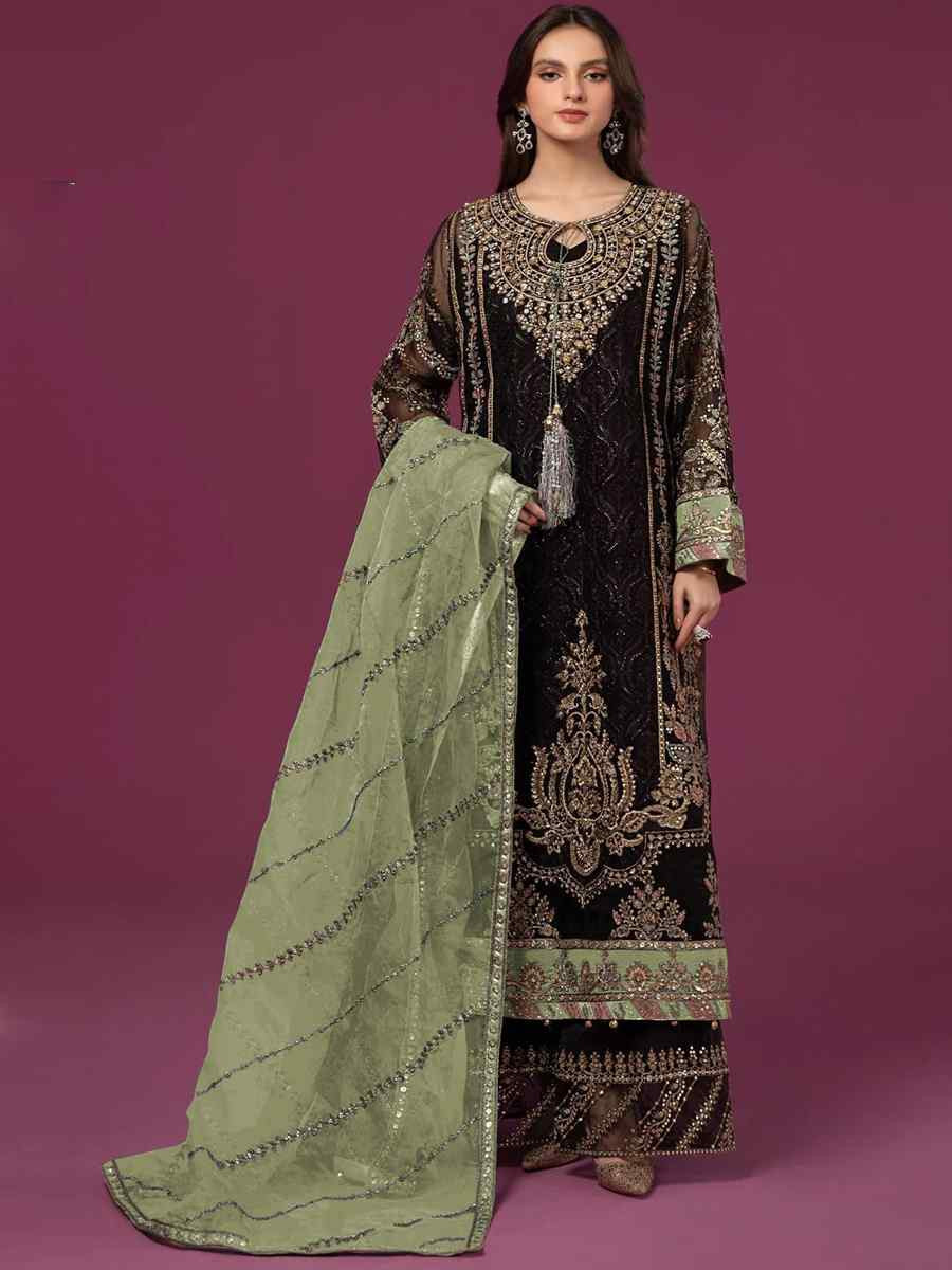 Black Faux Georgette Embroidered Festival Wedding Palazzo Pant Salwar Kameez