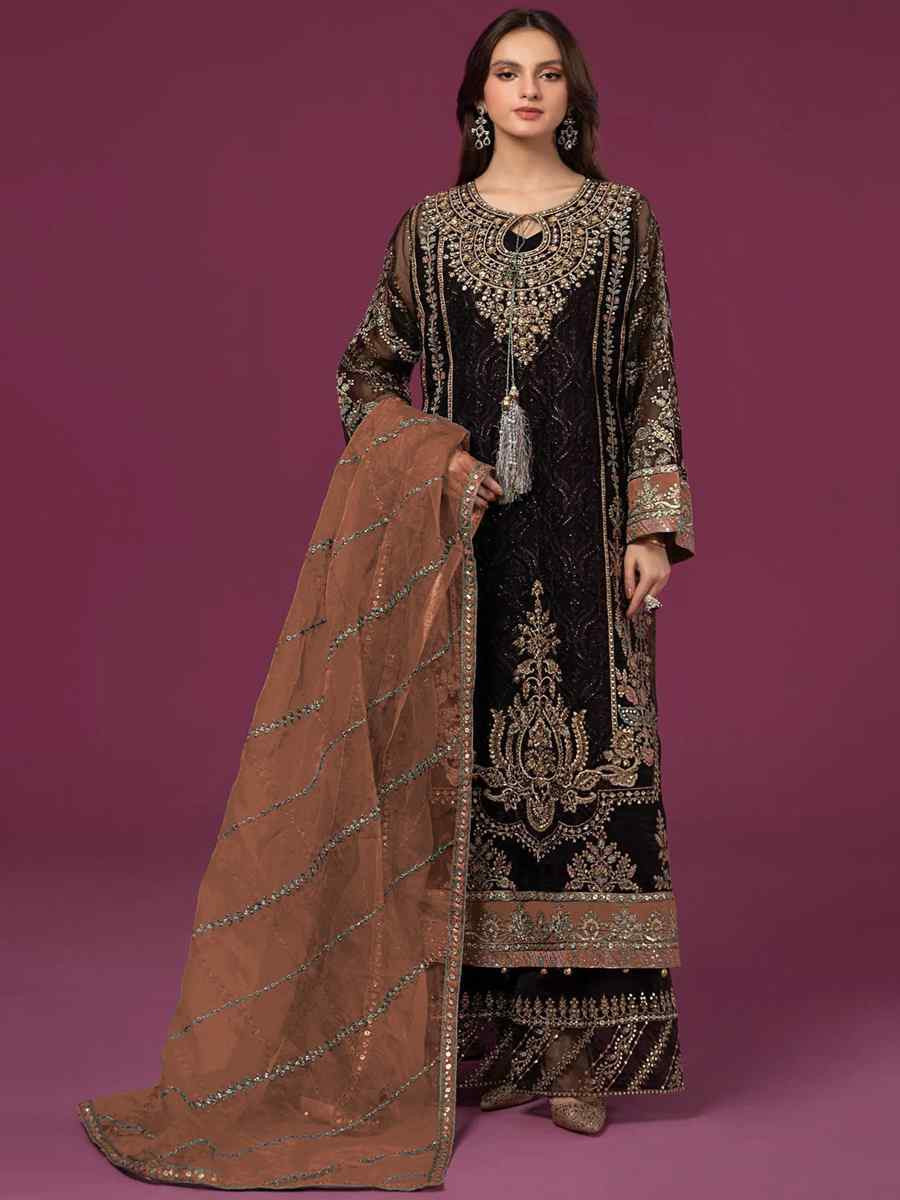 Black Faux Georgette Embroidered Festival Wedding Palazzo Pant Salwar Kameez