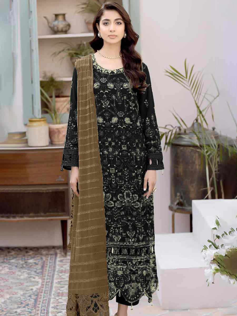 Black Faux Georgette Embroidered Festival Wedding Pant Salwar Kameez