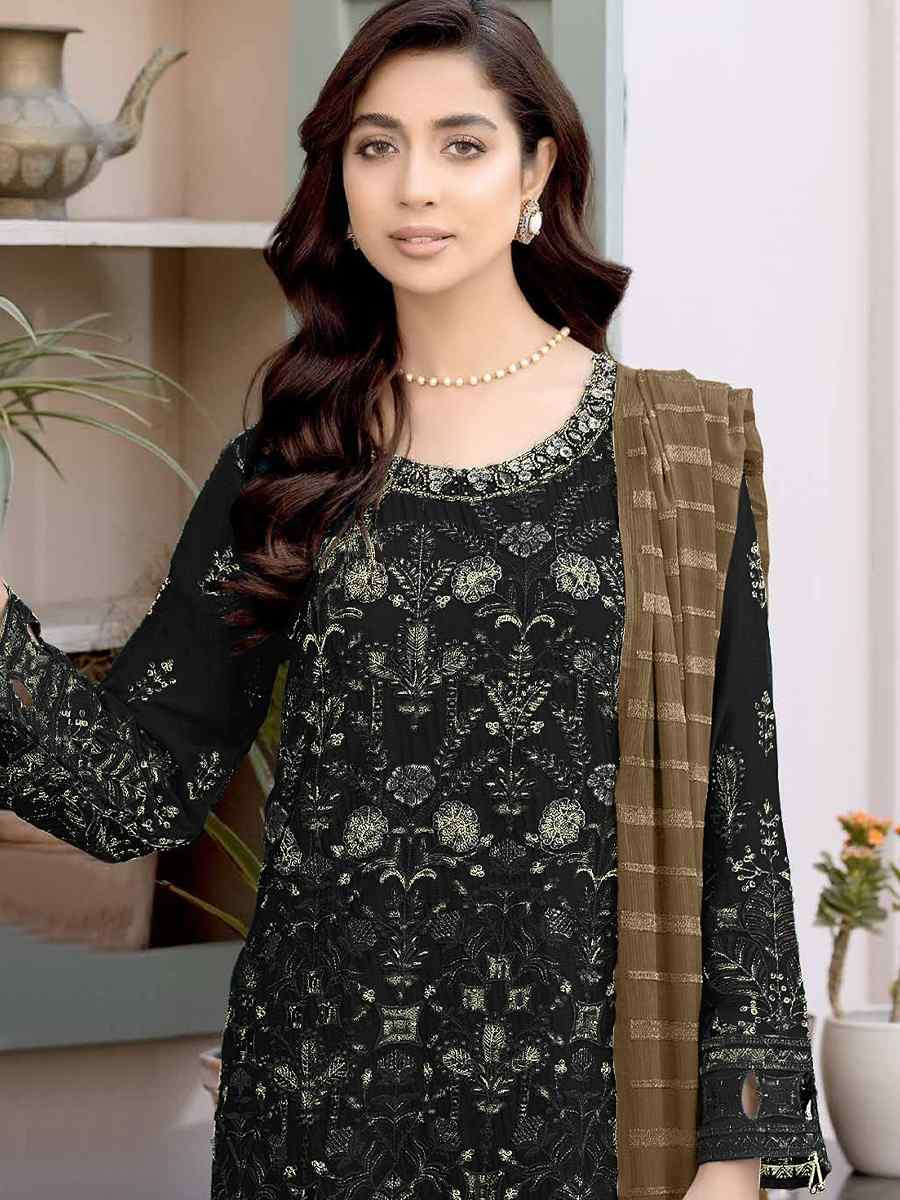 Black Faux Georgette Embroidered Festival Wedding Pant Salwar Kameez