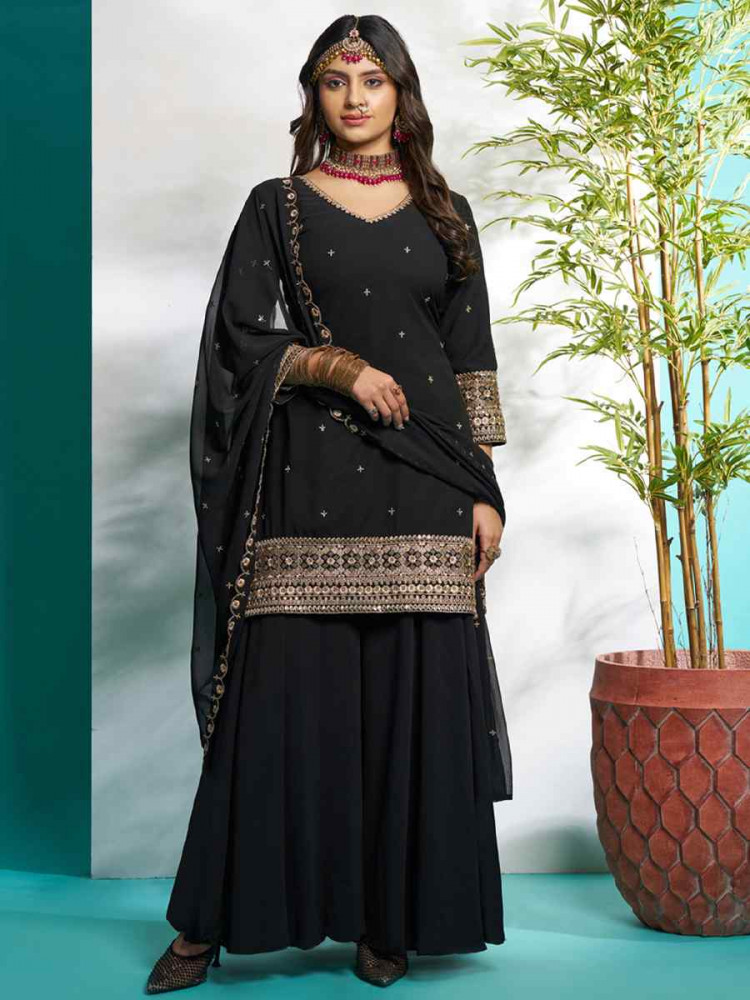 Black Faux Georgette Embroidered Festival Wedding Ready Palazzo Pant Salwar Kameez