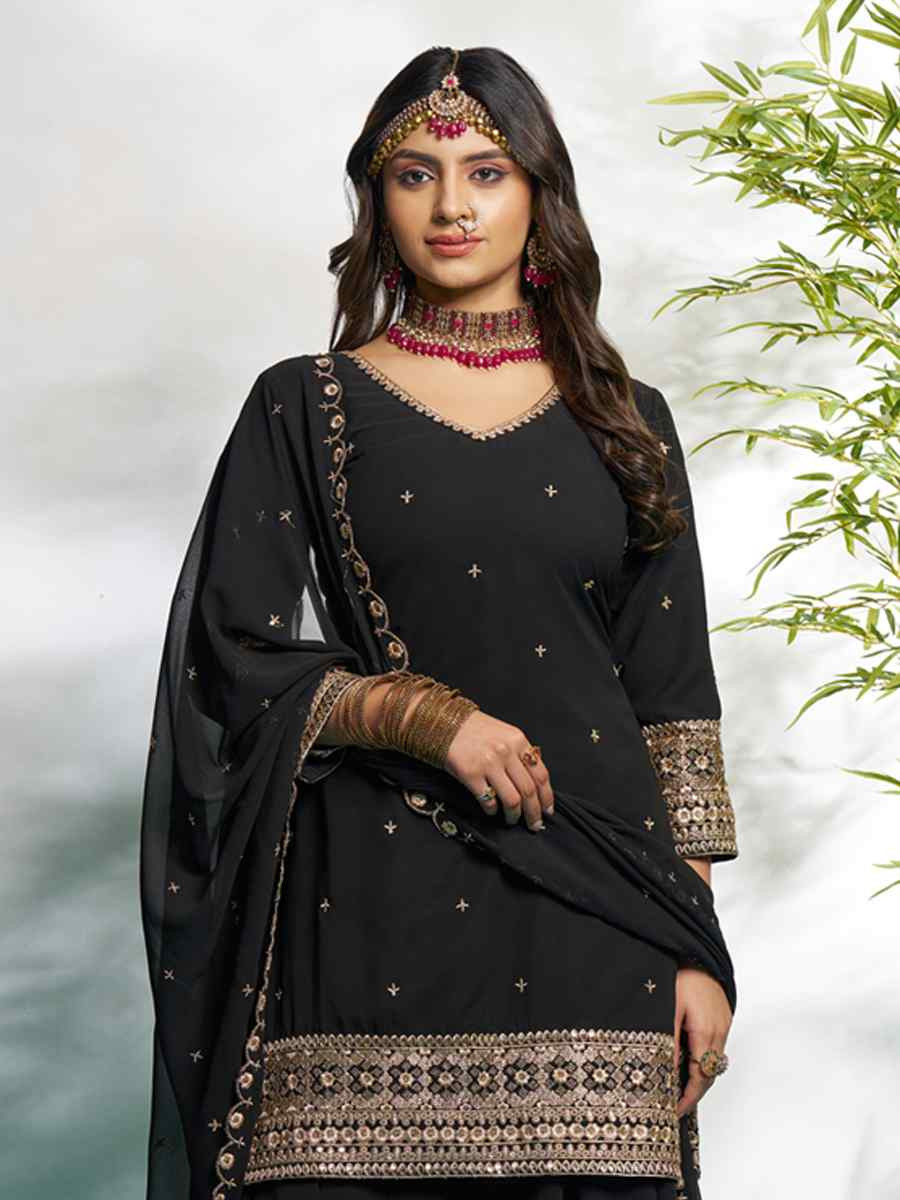 Black Faux Georgette Embroidered Festival Wedding Ready Palazzo Pant Salwar Kameez