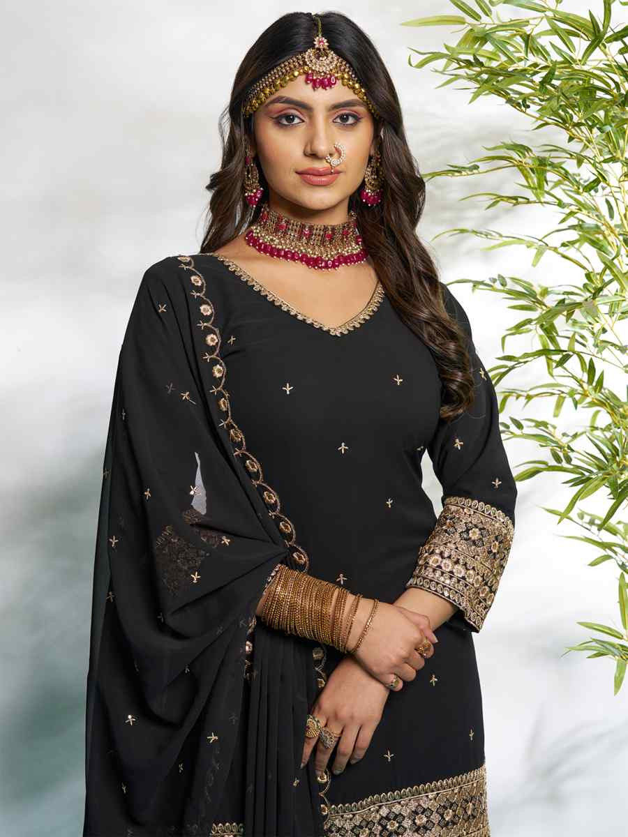 Black Faux Georgette Embroidered Festival Wedding Ready Palazzo Pant Salwar Kameez