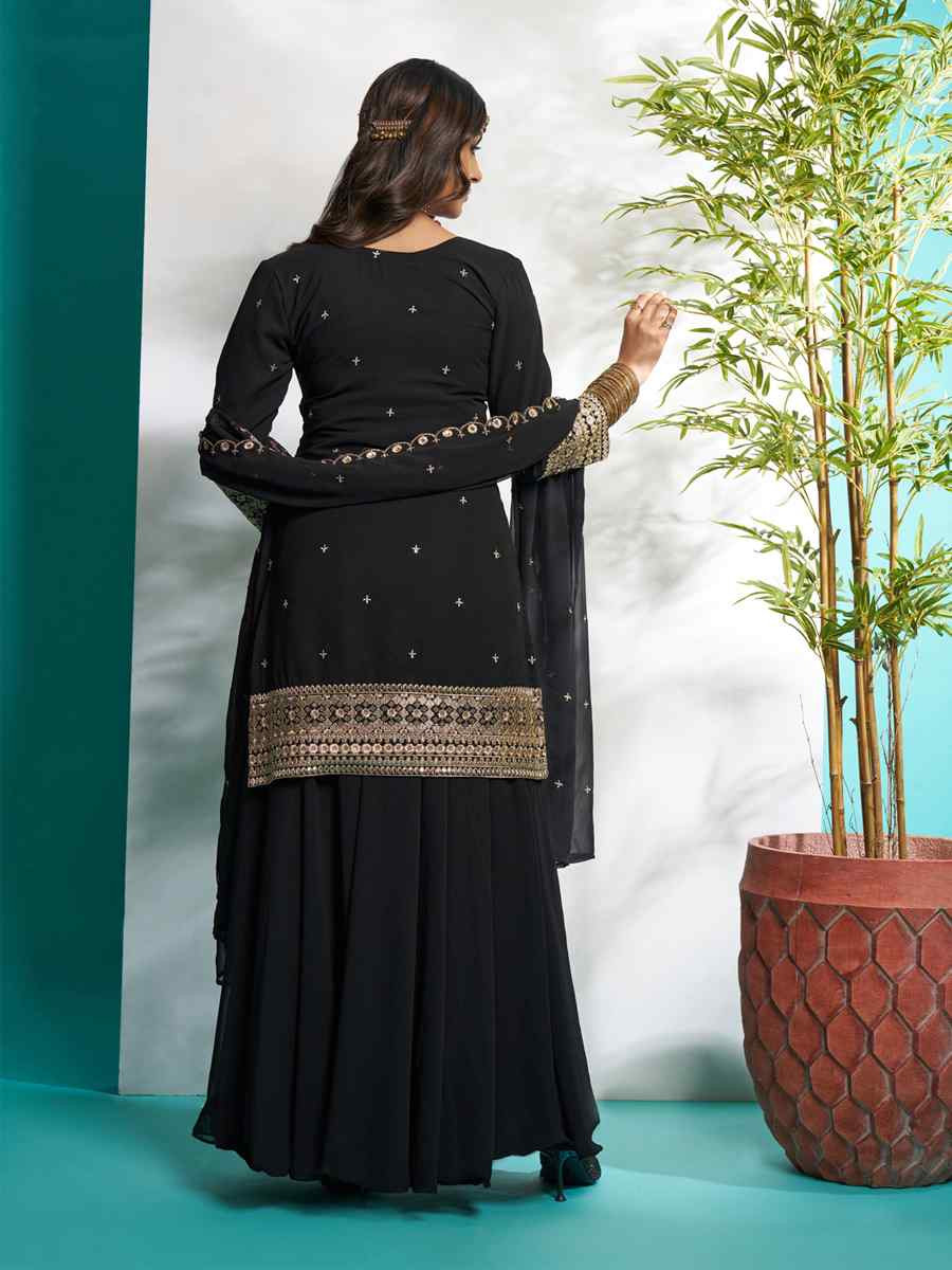 Black Faux Georgette Embroidered Festival Wedding Ready Palazzo Pant Salwar Kameez