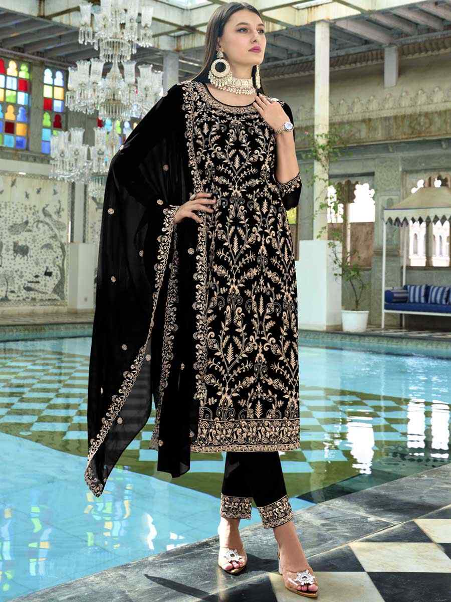 Black Faux Georgette Embroidered Festival Wedding Ready Pant Salwar Kameez