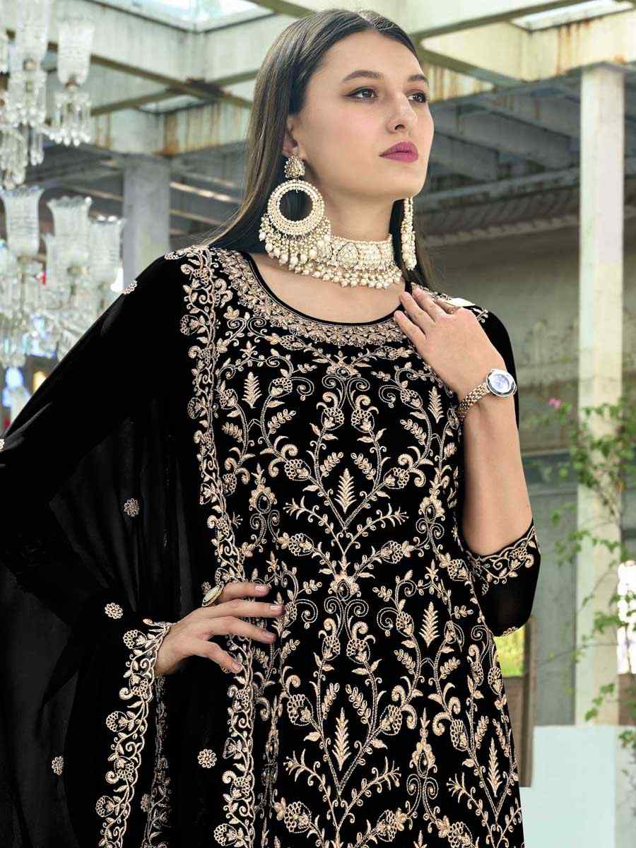 Black Faux Georgette Embroidered Festival Wedding Ready Pant Salwar Kameez