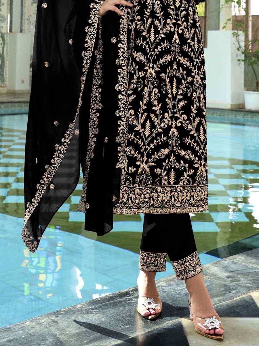 Black Faux Georgette Embroidered Festival Wedding Ready Pant Salwar Kameez