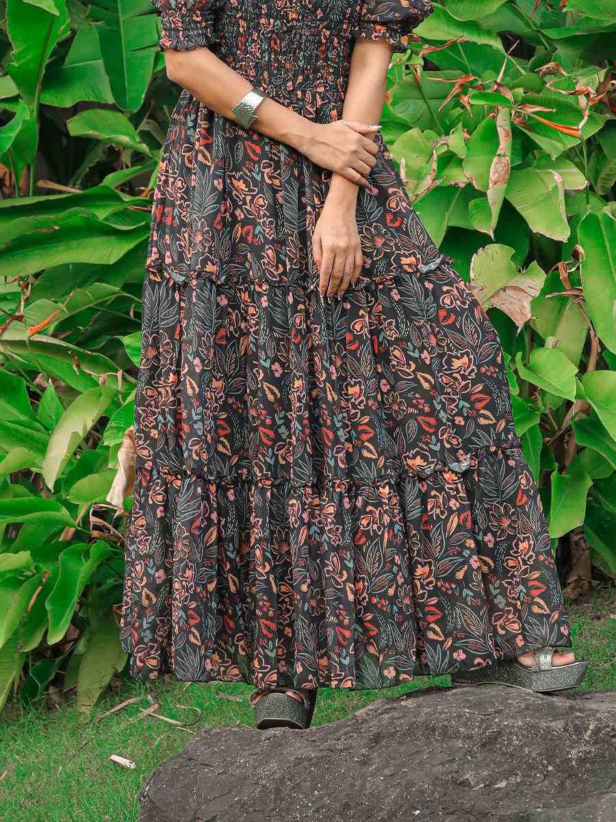 Black Faux Georgette Printed Festival Casual Gown