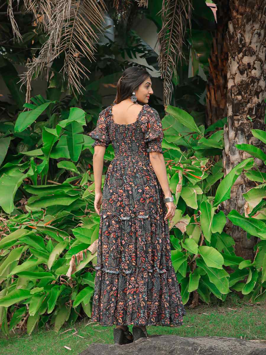 Black Faux Georgette Printed Festival Casual Gown