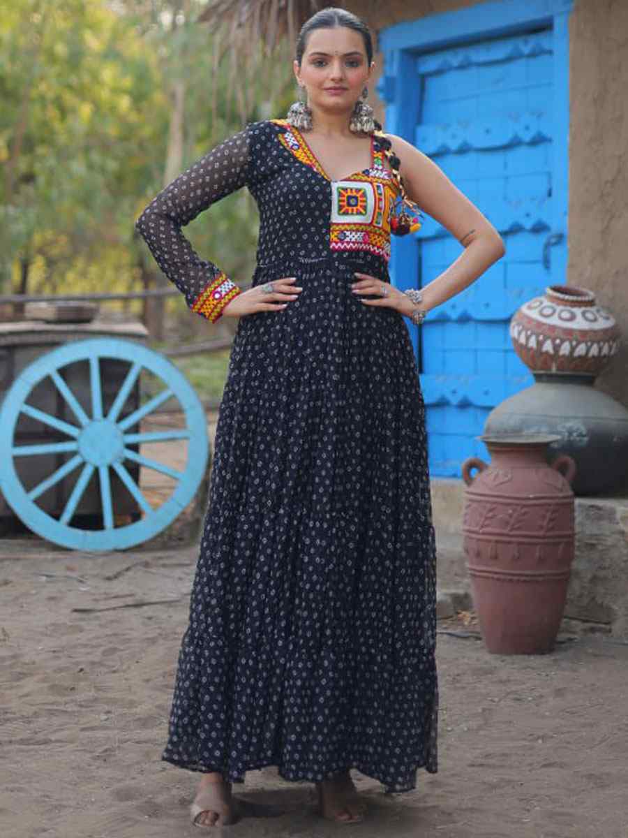 Black Faux Georgette Printed Festival Casual Gown