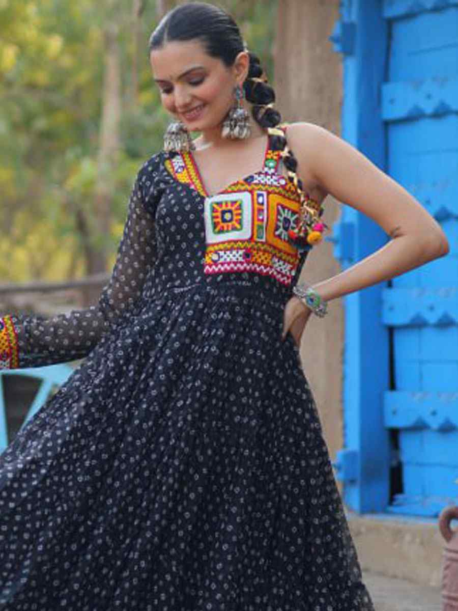 Black Faux Georgette Printed Festival Casual Gown