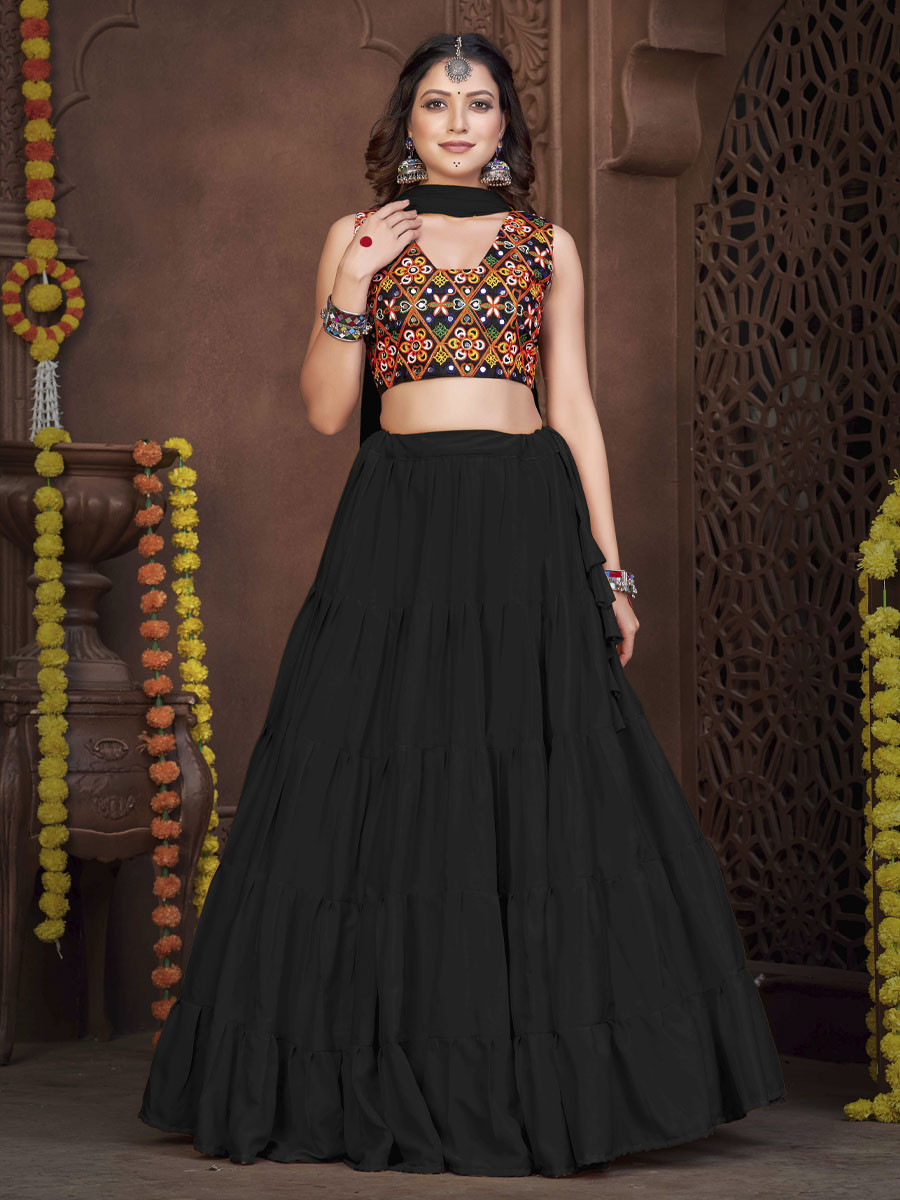 Black French Crepe Printed Festival Mehendi Circular Lehenga Choli