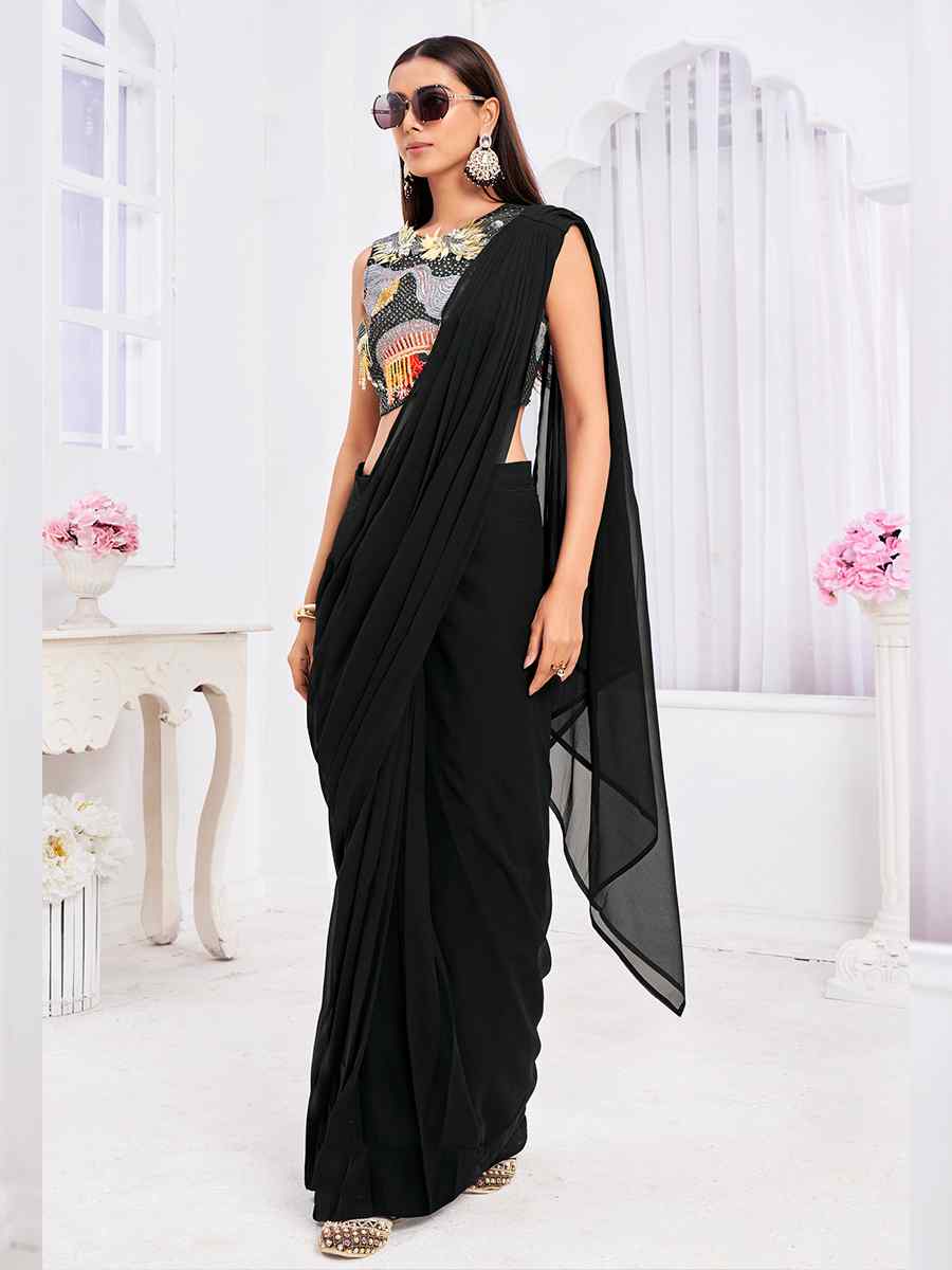 Black Georgette Embroidered Festival Casual Classic Style Saree