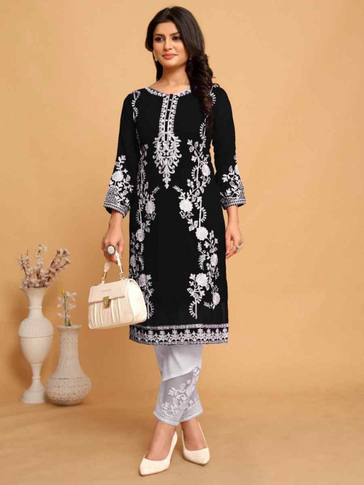 Black Georgette Embroidered Festival Casual Kurti