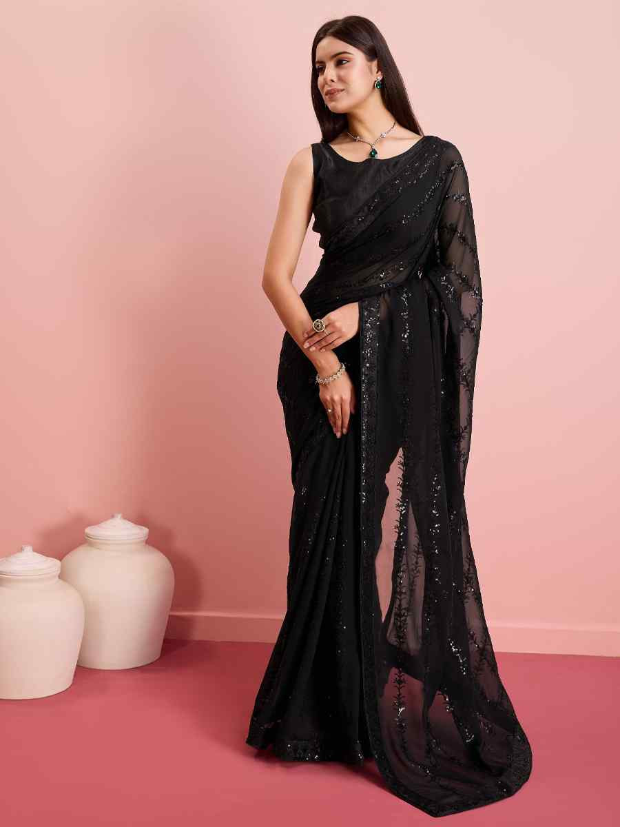 Black Georgette Embroidered Festival Party Classic Style Saree