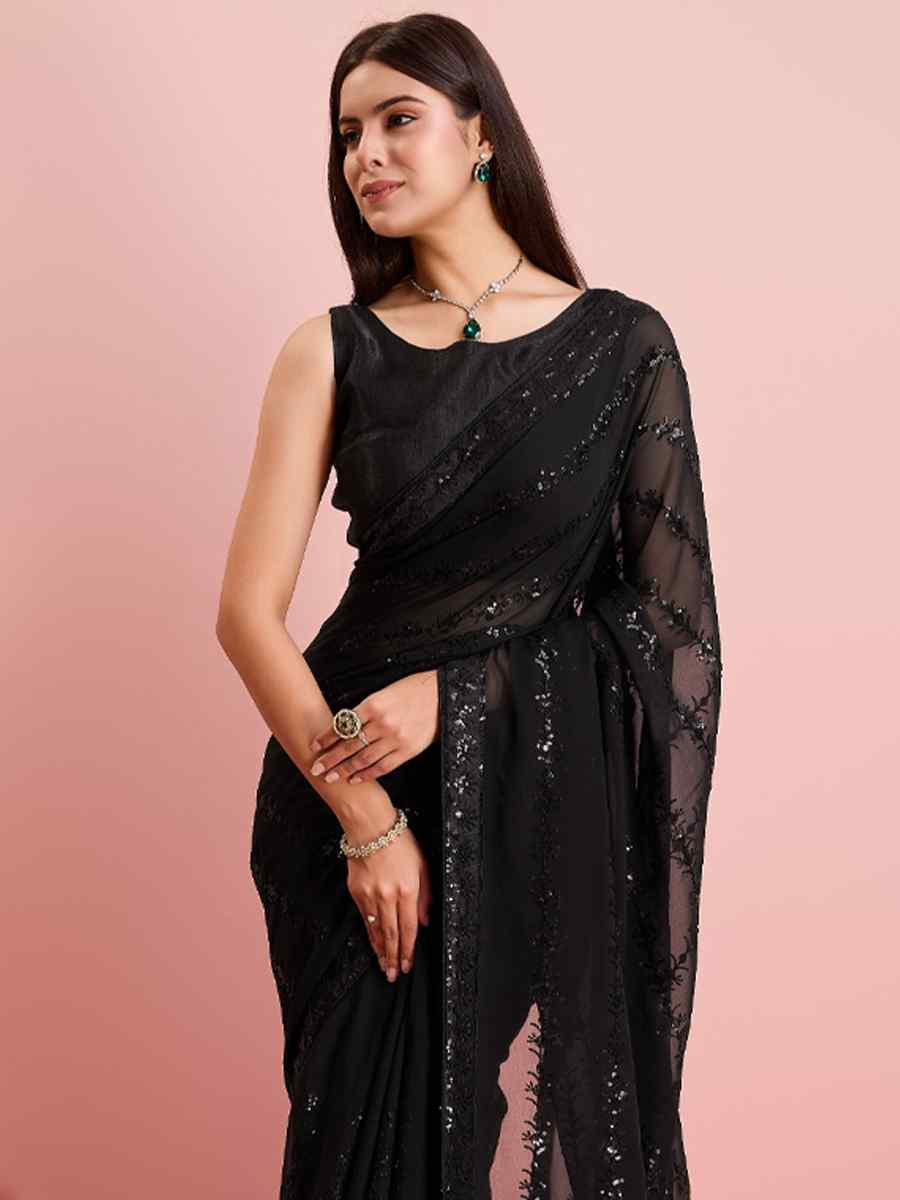 Black Georgette Embroidered Festival Party Classic Style Saree