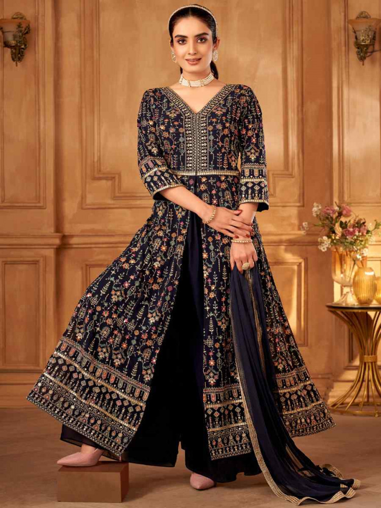 Black Georgette Embroidered Festival Wedding Ready Palazzo Pant Salwar Kameez